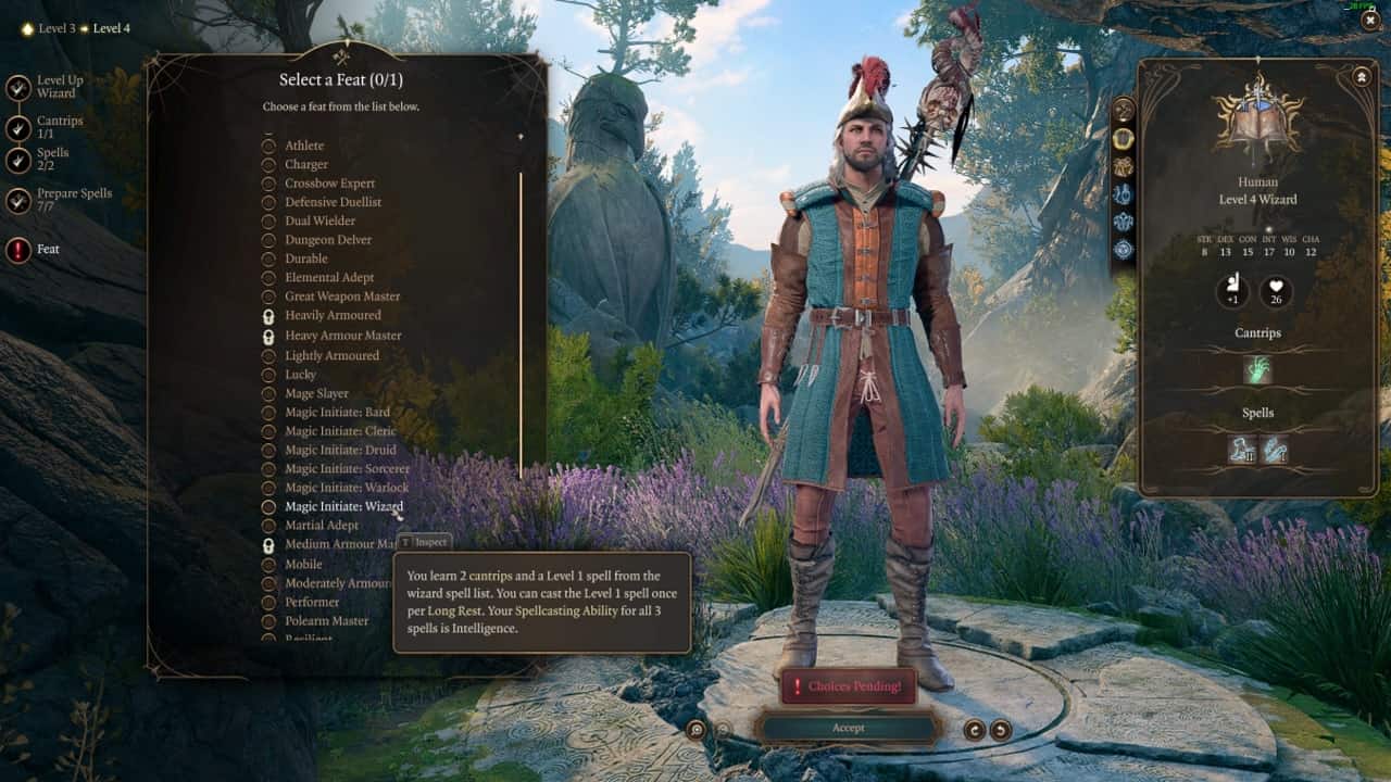 Baldur's Gate 3 feats: A screenshot showcasing a Wizard character's feats in Baldur's Gate 3.