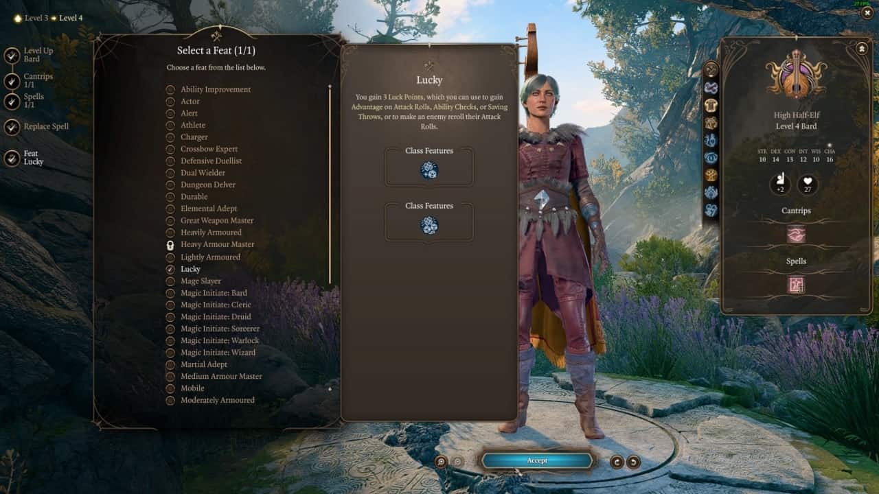 Baldur's Gate 3 feats: A screenshot showcasing a Bard character's feats in Baldur's Gate 3.