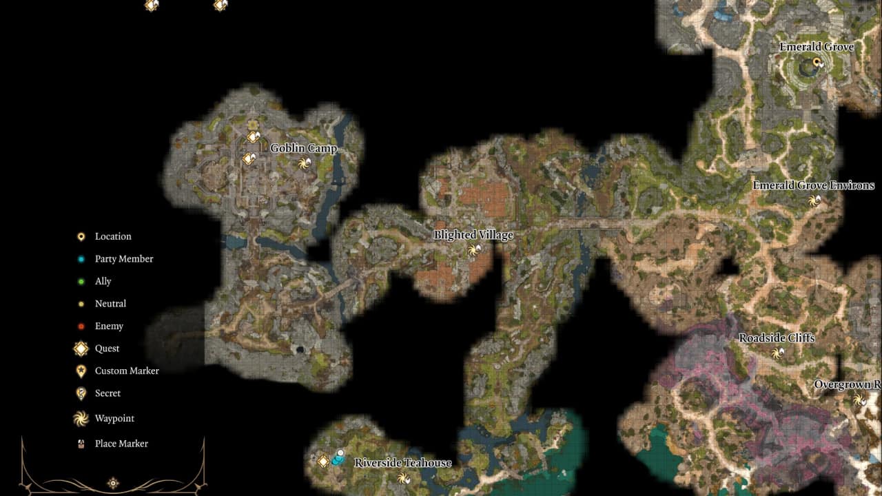 Baldur's Gate 3 Gale companion guide: A map showing the location of the Roadside Cliffs waypoint, where gale can be found.