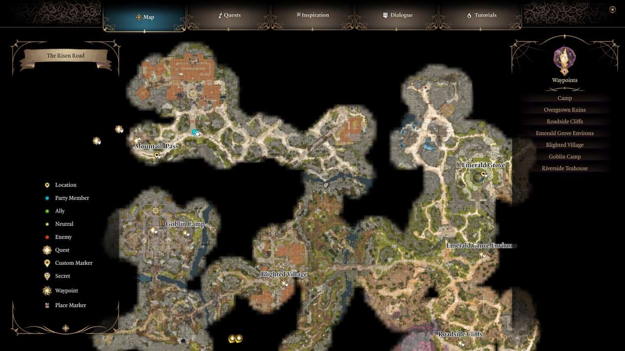 Baldur's Gate 3 how to get to Baldur’s Gate fast explained: The Act 1 map, focused on the northern area.