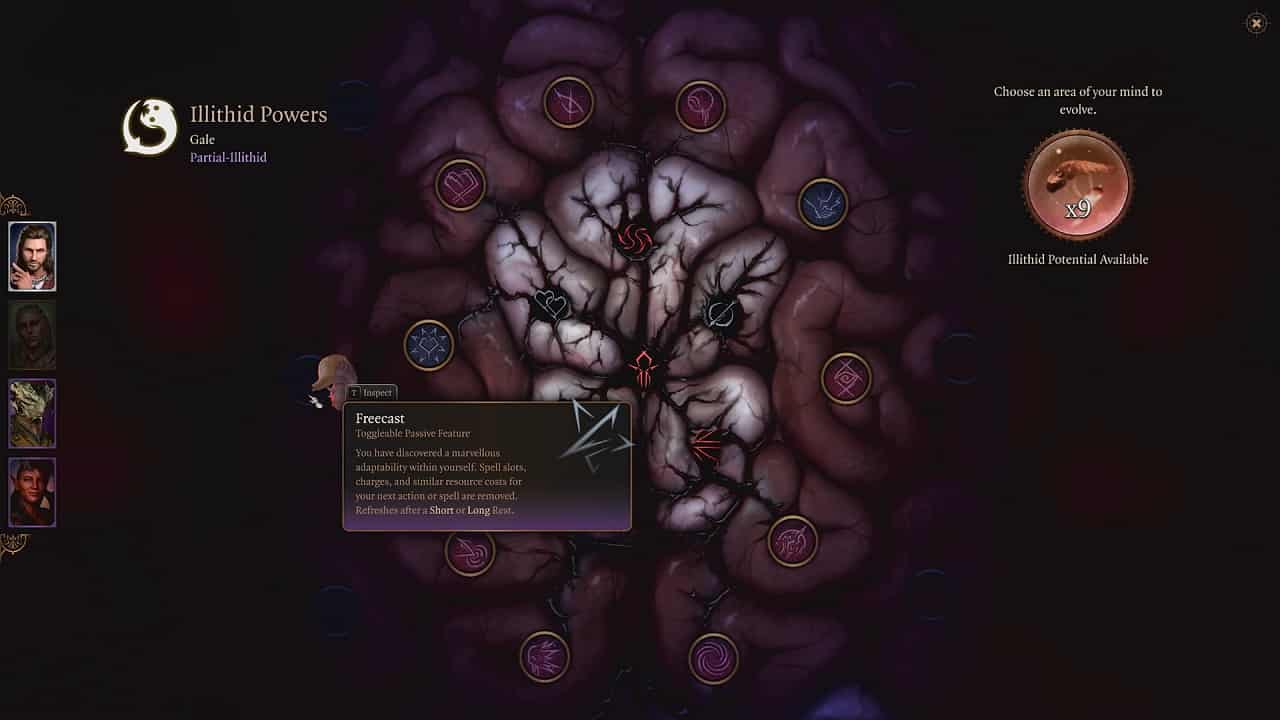 Baldur's Gate 3 Illithid powers: An image of the Illithid powers skill tree of a character in the game.