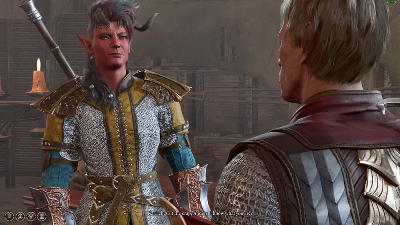 Baldur's Gate 3 Karlach: An image of the Karlach companion speaking to the Paladin Anders in the game.