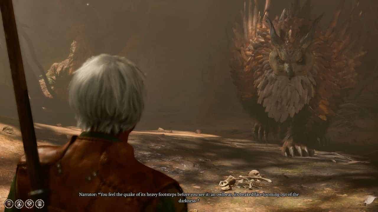 Baldur's Gate 3 Lady Esther: An image of the player approaching an Owlbear in their lair in the game.