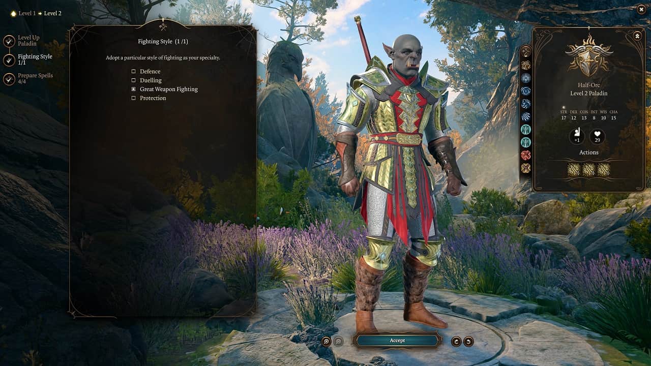 Baldur's Gate 3 how to level up fast: An image of the player character in the level-up screen.