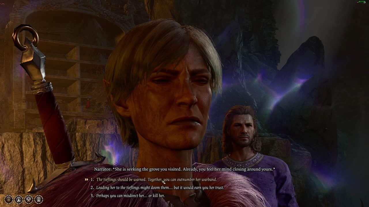 Baldur's Gate 3 Minthara: An image of the player character speaking to the Drow Paladin Minthara in the game.