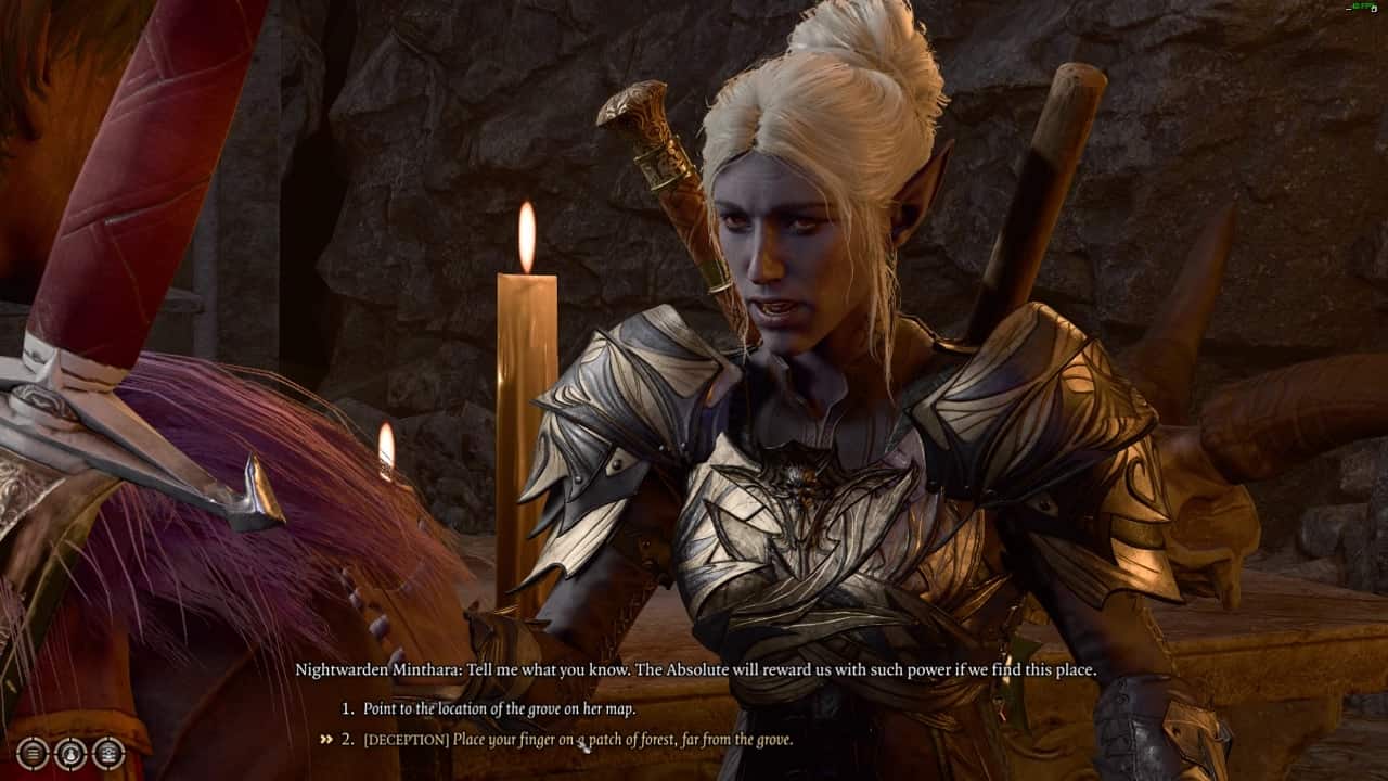 Baldur's Gate 3 Minthara: An image of the Drow Paladin Minthara in the game as she engages in a dialogue with the player.