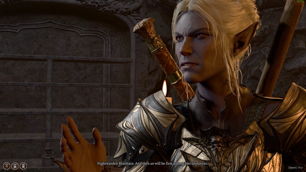 Baldur's Gate 3 Minthara: An image of the Drow Paladin Minthara speaking to the player.