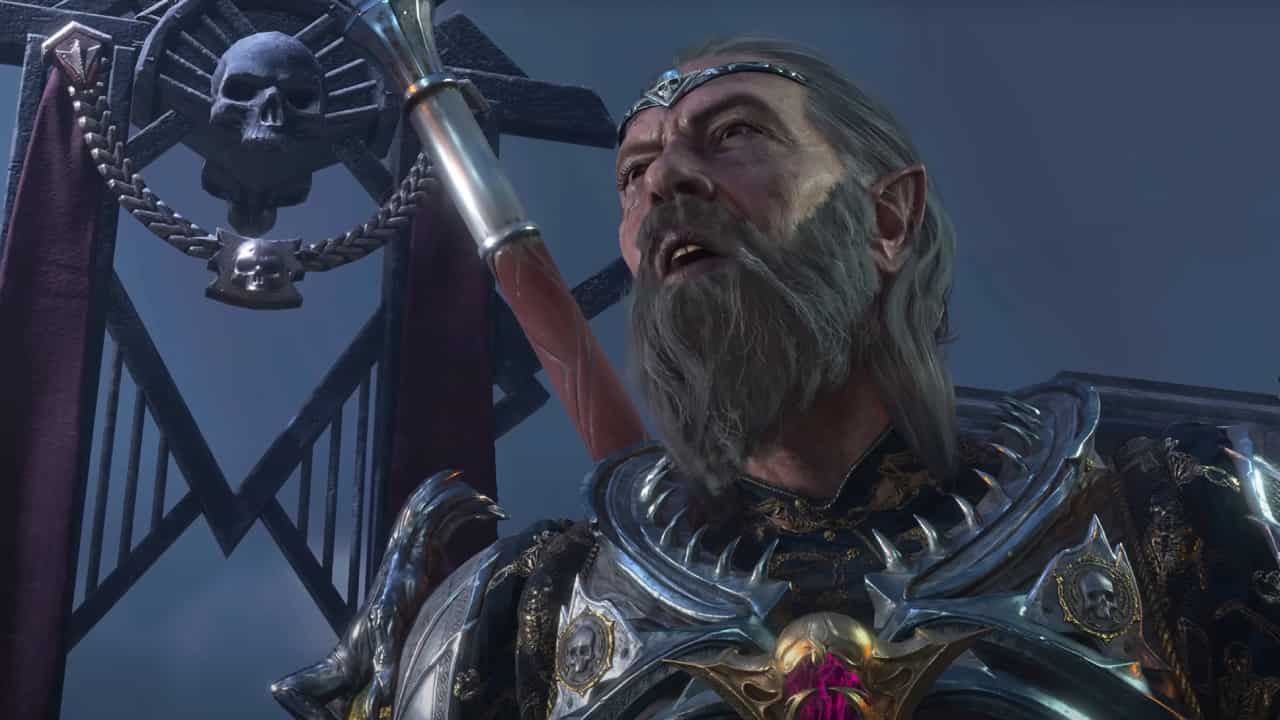 Baldur’s Gate 3 on PS5 or PS4:  A necromancer speaks angrily to someone off-screen.