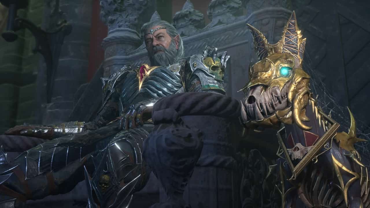 Baldur’s Gate 3 on Xbox: A necromancer sits on a throne with an armoured undead dog at his side.