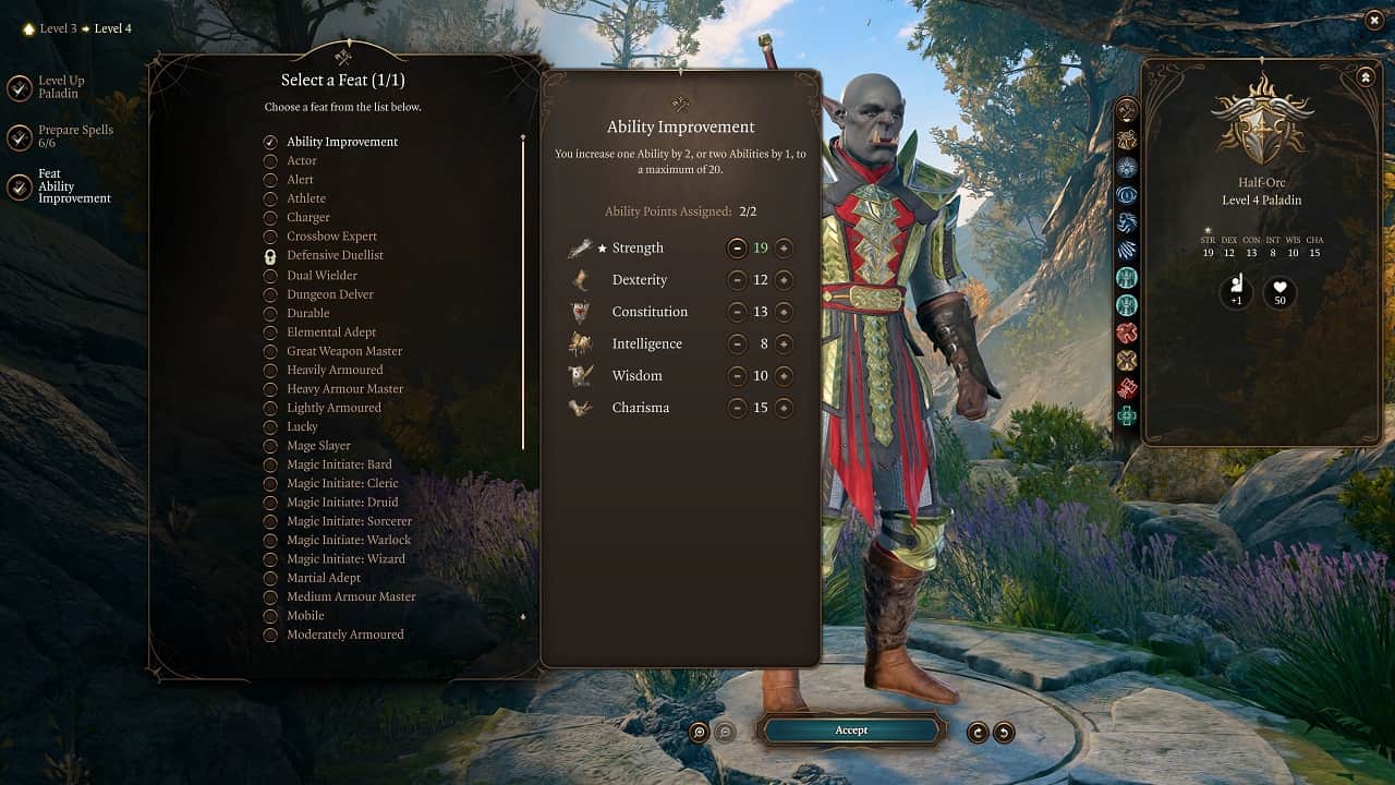 Baldur's Gate 3 Paladin build: An image of a Half-Orc Paladin wearing armour stands in the feats view of the game.