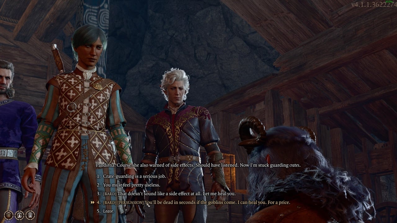Baldur's Gate 3 Pandirna: An image of the player speaking to the character Pandirna in the game.