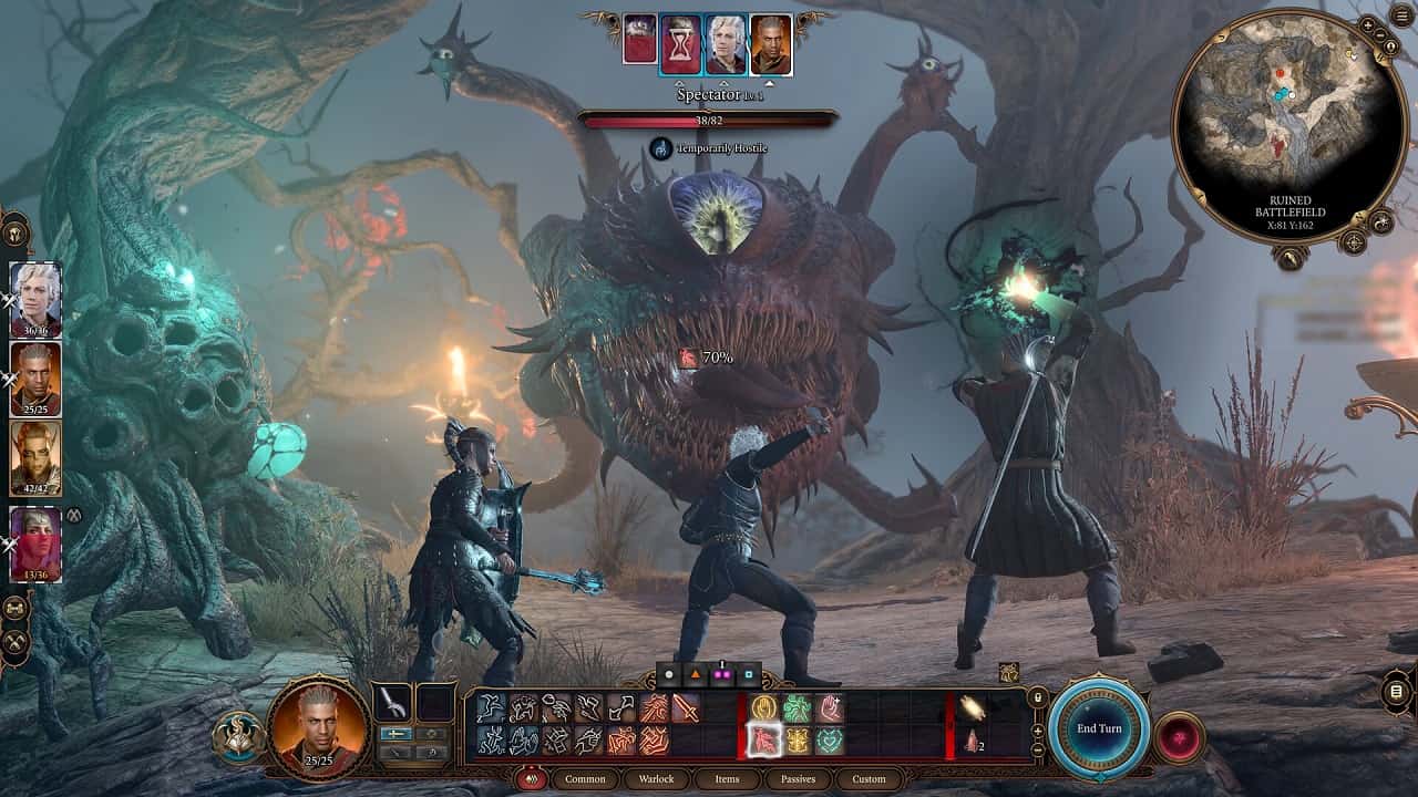 Baldur's Gate 3 Early Access patch 2: An image of the Spectator being fought by Shadowheart, Astarion, and Wyll in the game.