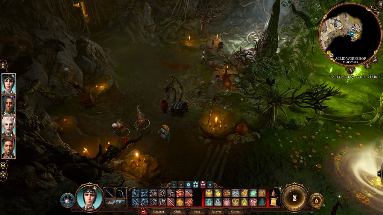 Baldur's Gate 3 PC launch time: A party of adventurers traverse an overgrown cavern.