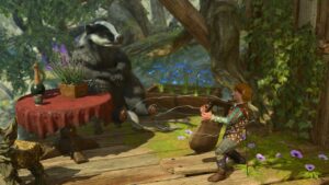 Baldurs Gate 3 quests: An image of a massive badger in a conversation with a bard player in the game.