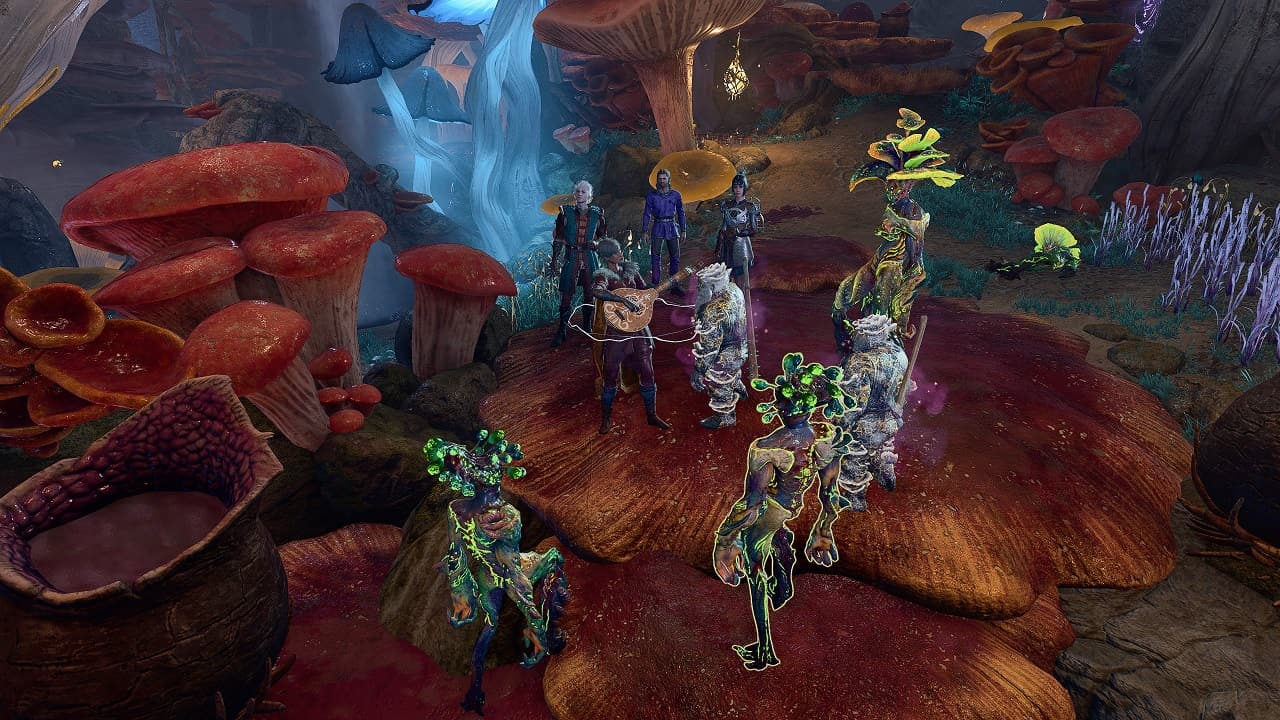 Baldur's Gate 3 quests: An image of the player performing a song next to Myconids in the game.