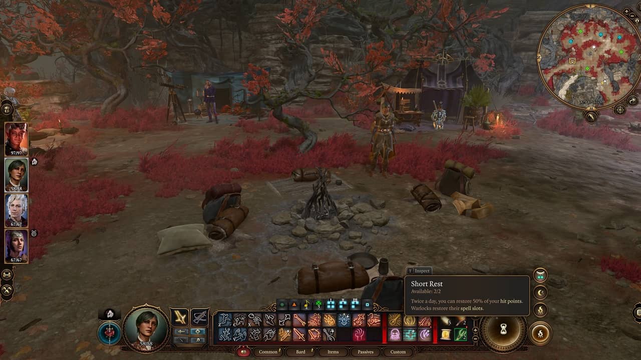 Baldur's Gate 3 how to rest: An image of the campsite in the game. with the Short Rest highlighted.