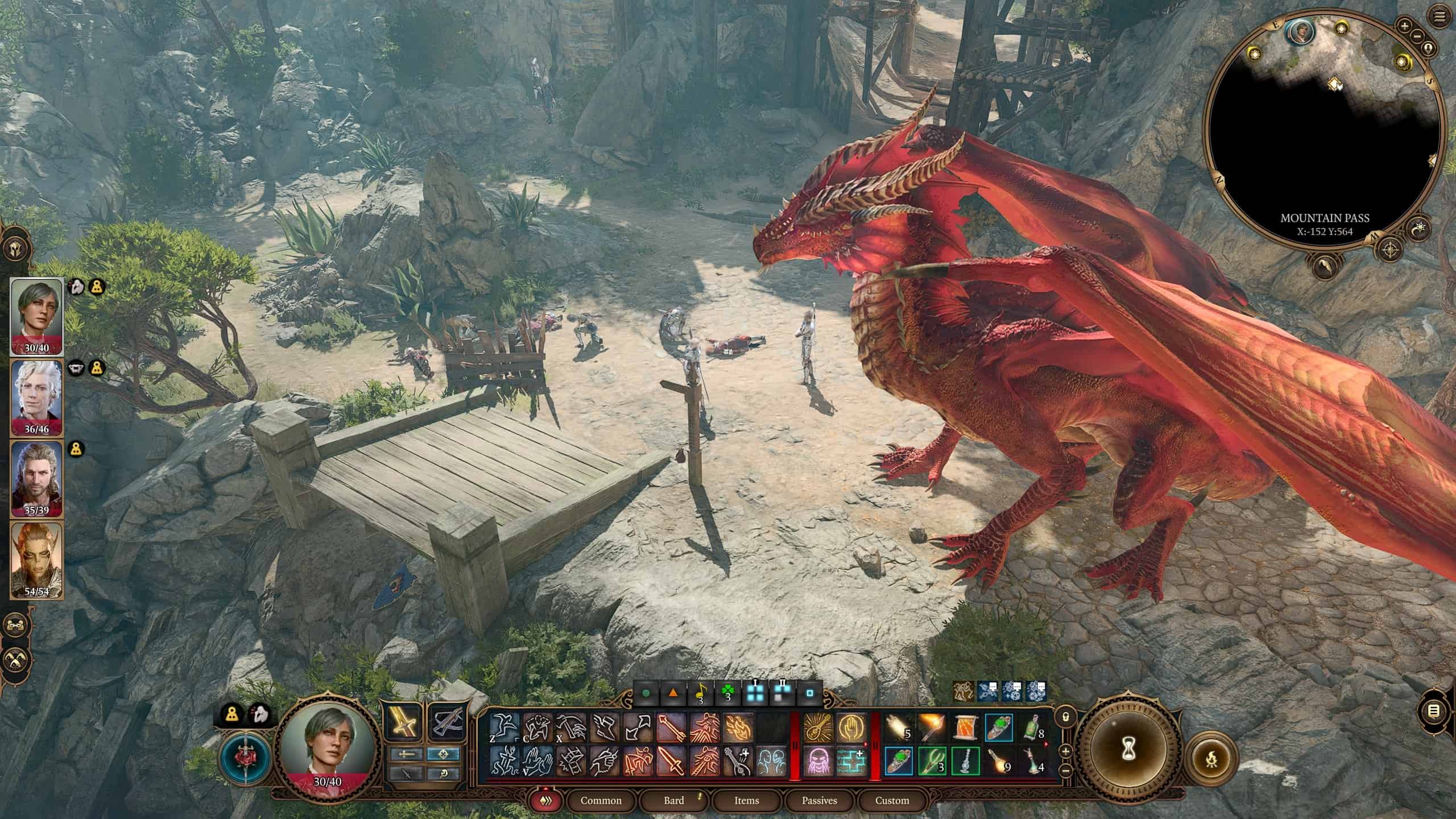 Baldur's Gate 3 review: A screenshot of the party members next to a red dragon.