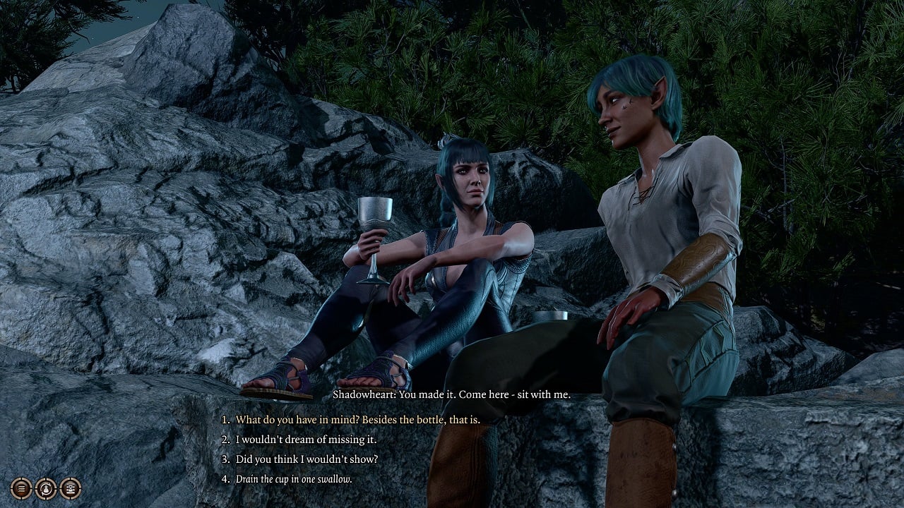 Baldur's Gate 3 review: Two women are sitting on a rock in Baldur's Gate 3, enjoying a bottle of wine.
