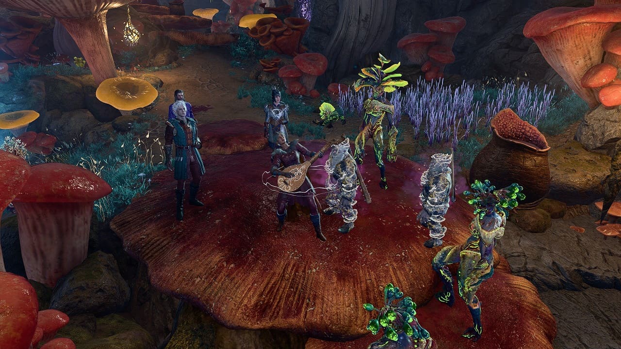 Baldur's Gate 3 review: A screenshot of the party members next to a bard performing for myconid beings in the game.