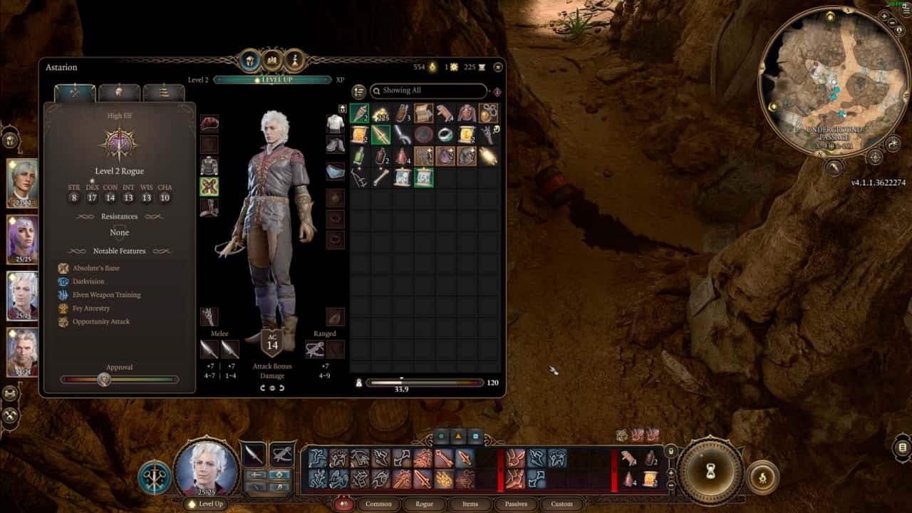 Baldur's Gate 3 Rogue Build: An image of Astarion's inventory from the game.