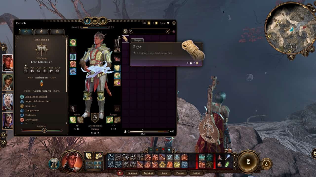 Baldur's Gate 3 Rope: An image of Karlach's inventory in the game with the rope item highlighted.