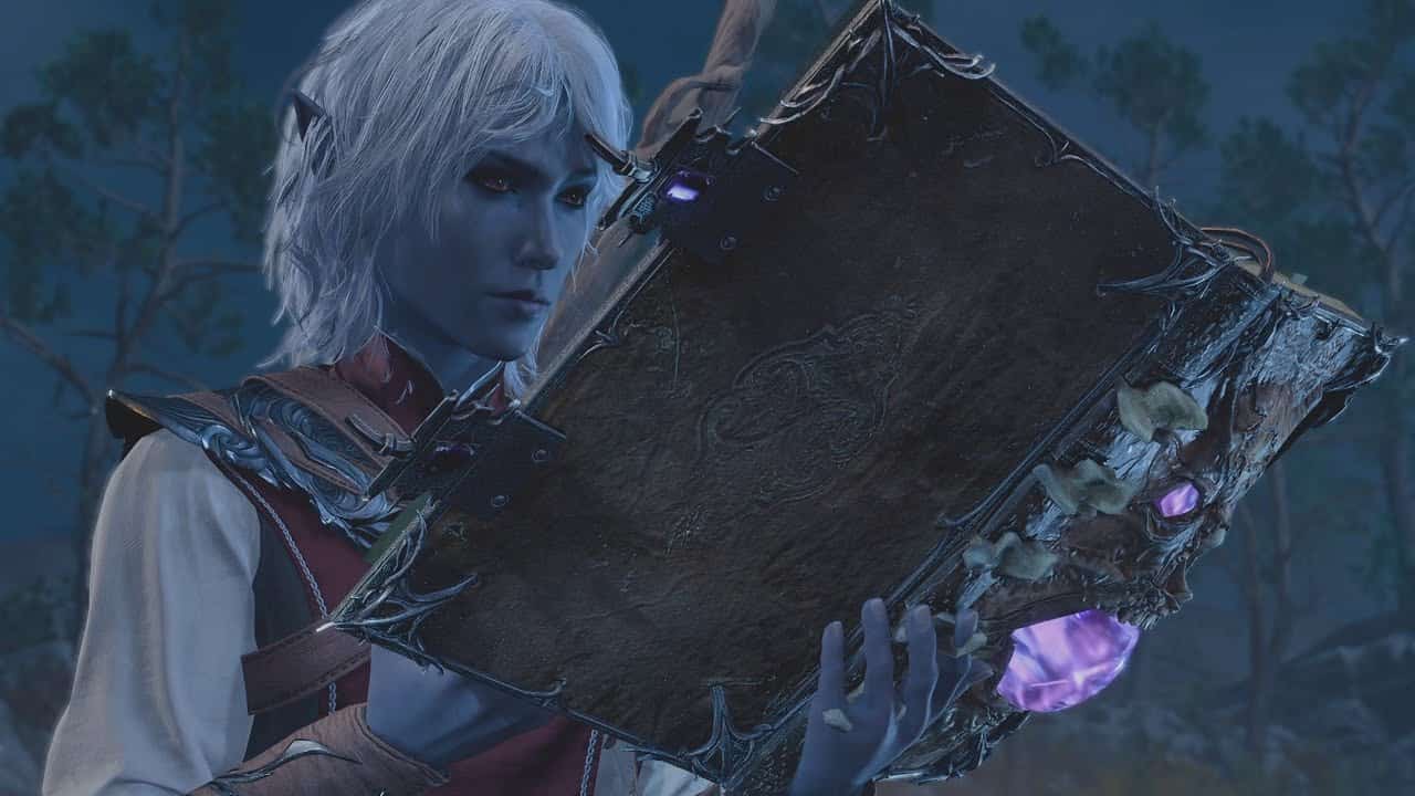 Baldur's Gate 3 Search the Cellar: An image of a Drow character reading the Necromancy of Thay book in the game.