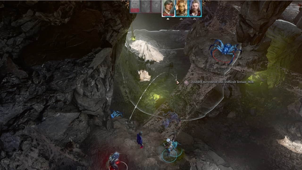 Baldur's Gate 3 Search the Cellar: The characters fight Phase Spiders in the Whispering Depths.