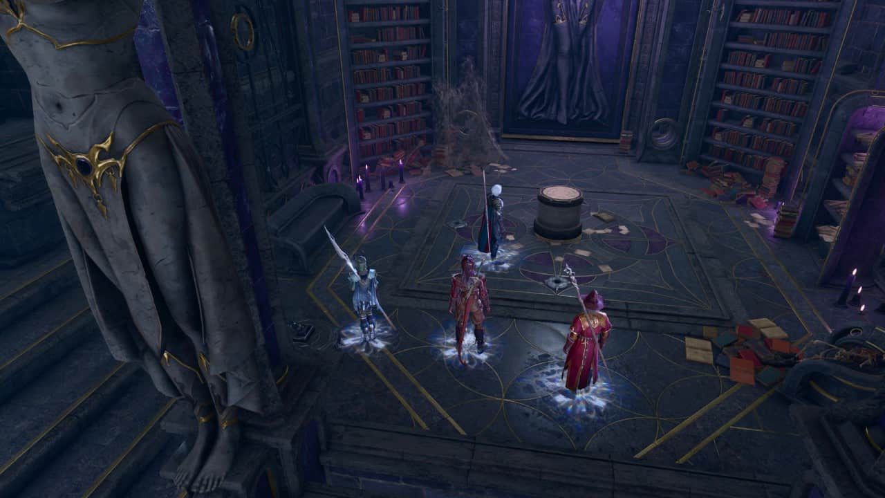 How to solve the Silent Library puzzle in BG3: A party stands around the plinth in the Silent Library.