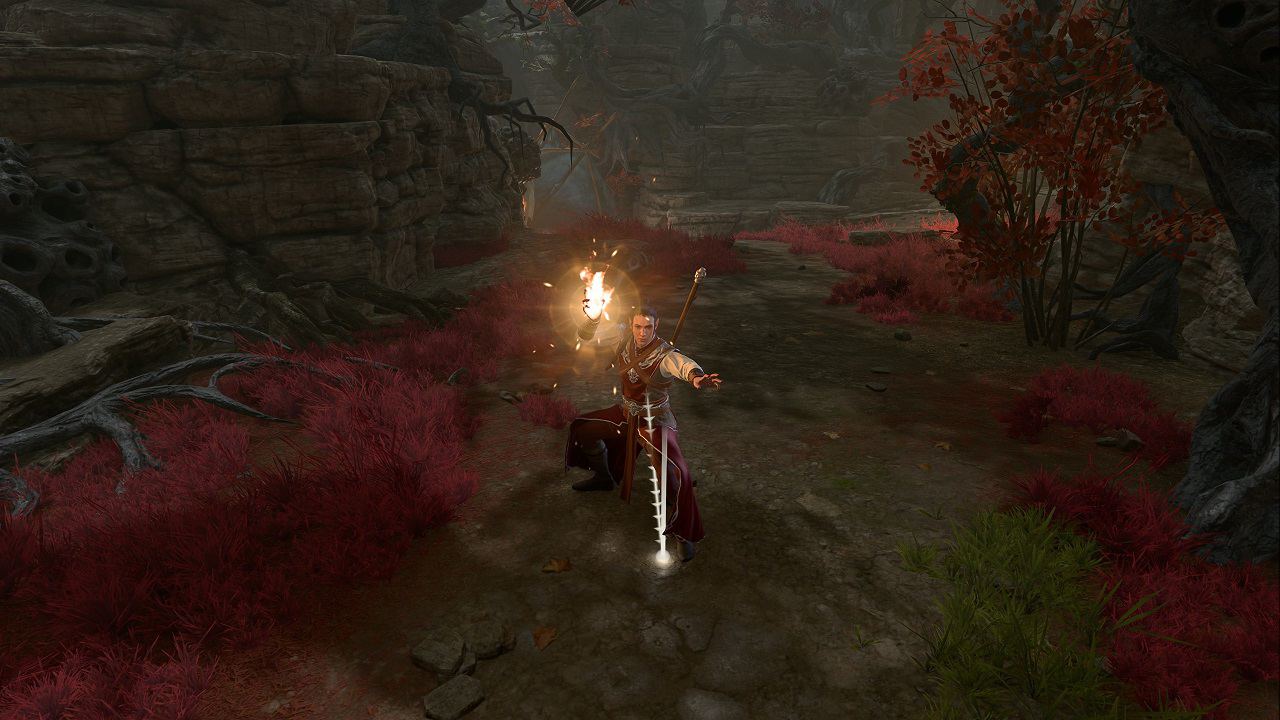 Baldur's Gate 3 Sorcerer Build: An image of a Sorcerer wielding a Fire Bolt in the game.