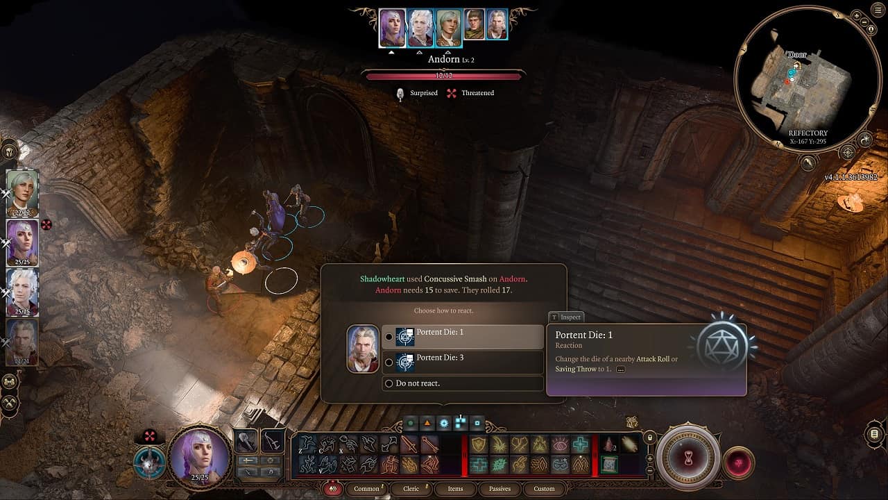 Baldur's Gate 3 tips: An image of a Divination Wizard using a Portent Die in the game during combat.