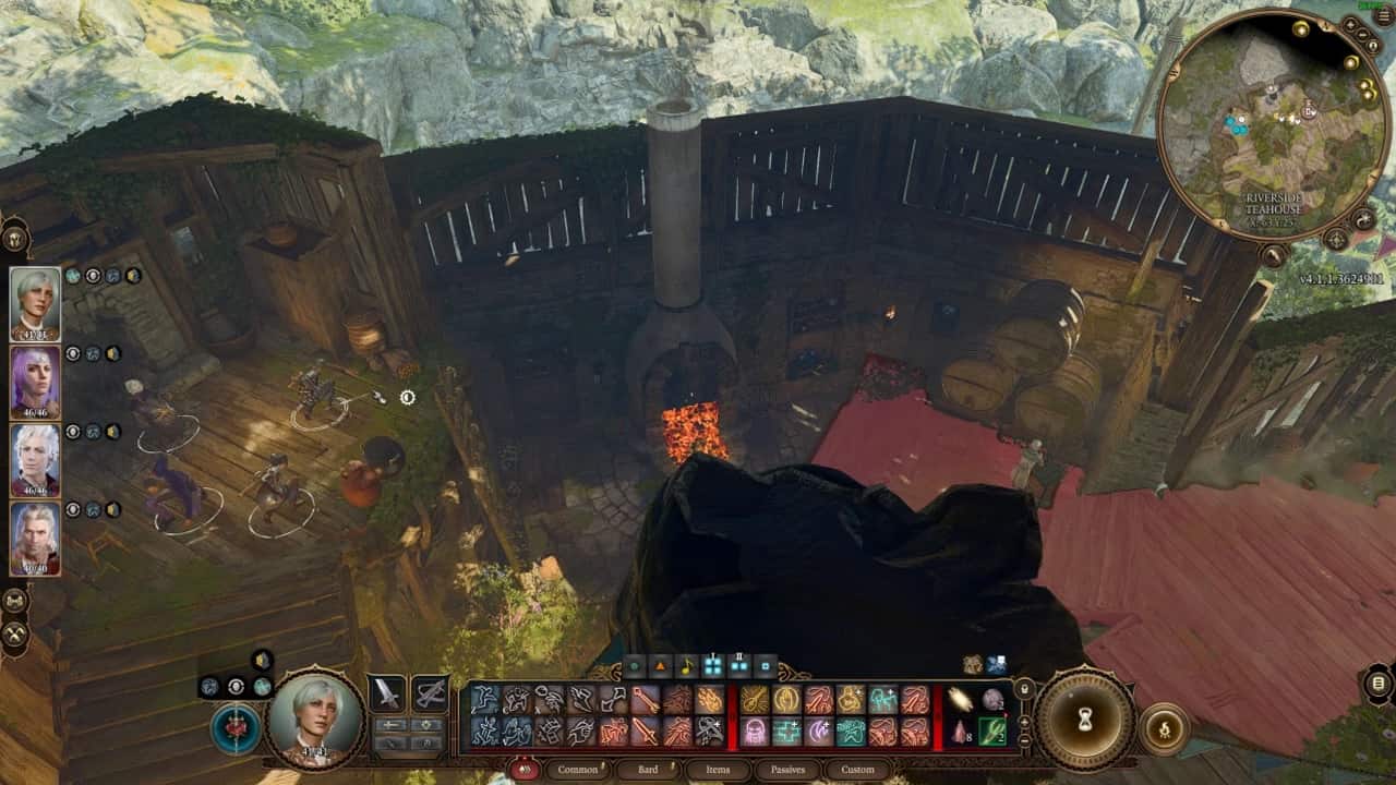 Baldur's Gate 3 Underdark: An image of the party members sneaking behind the fireplace in the Riverside Teahouse.