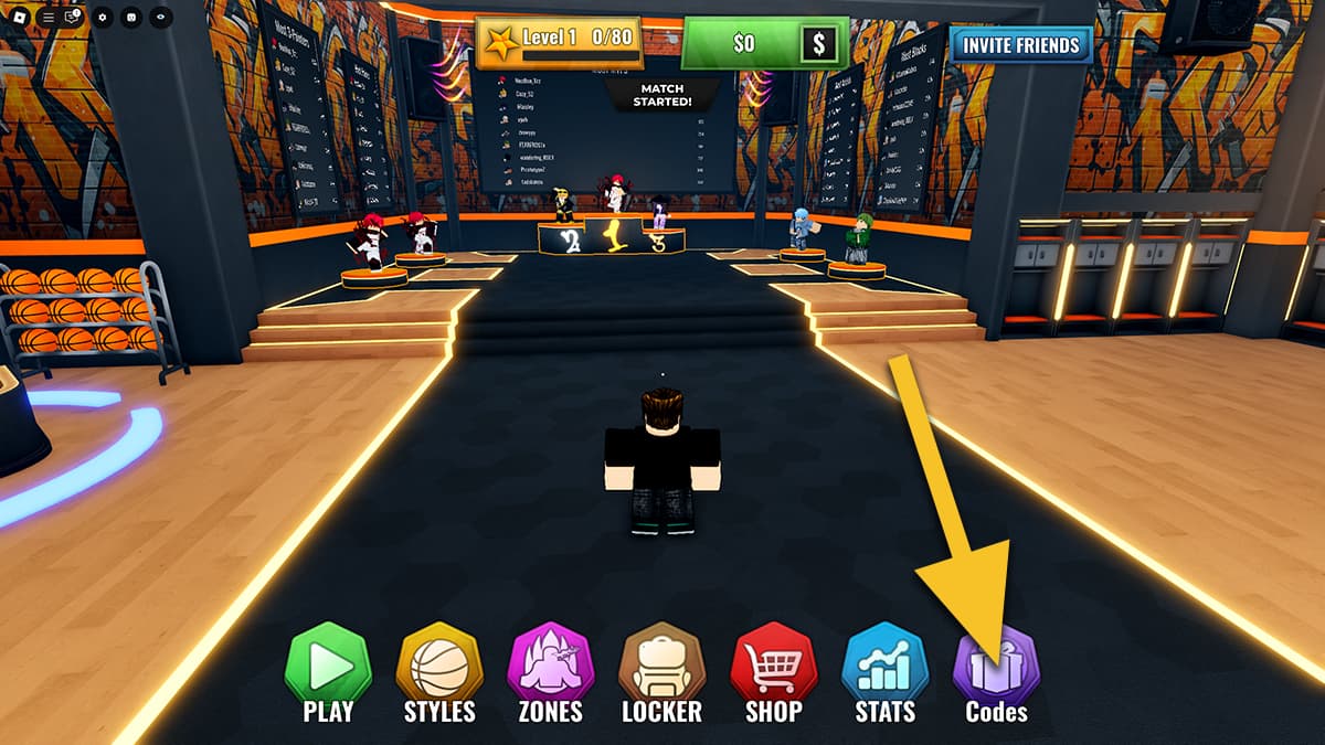Image of the player in the lobby of Basketball: Zero on Roblox,with an arrow pointing at the Codes icon.
