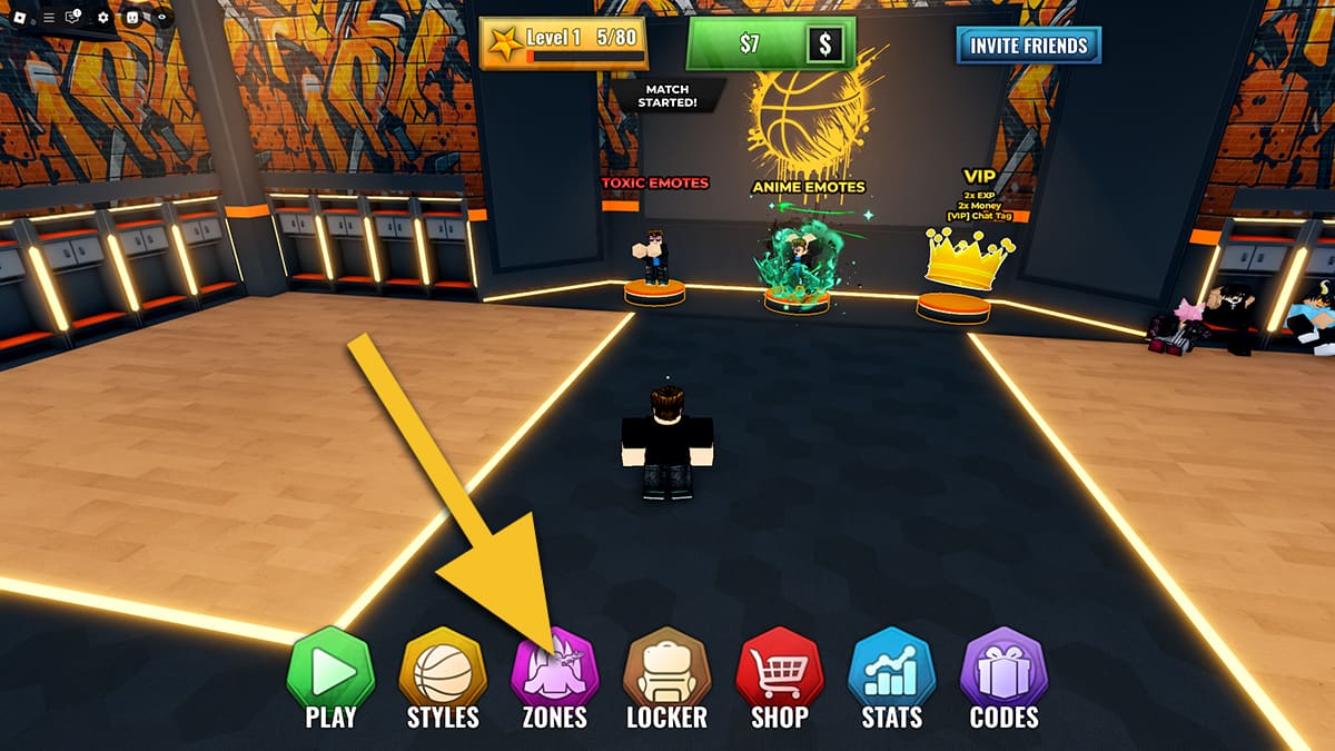 Image of the player in the lobby of Basketball: Zero, with an arrow pointing at the Zones icon.
