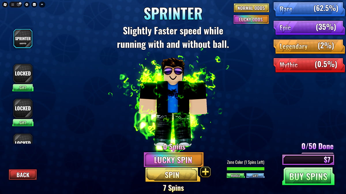 Image of the Zones spin window in Basketball: Zero on Roblox.