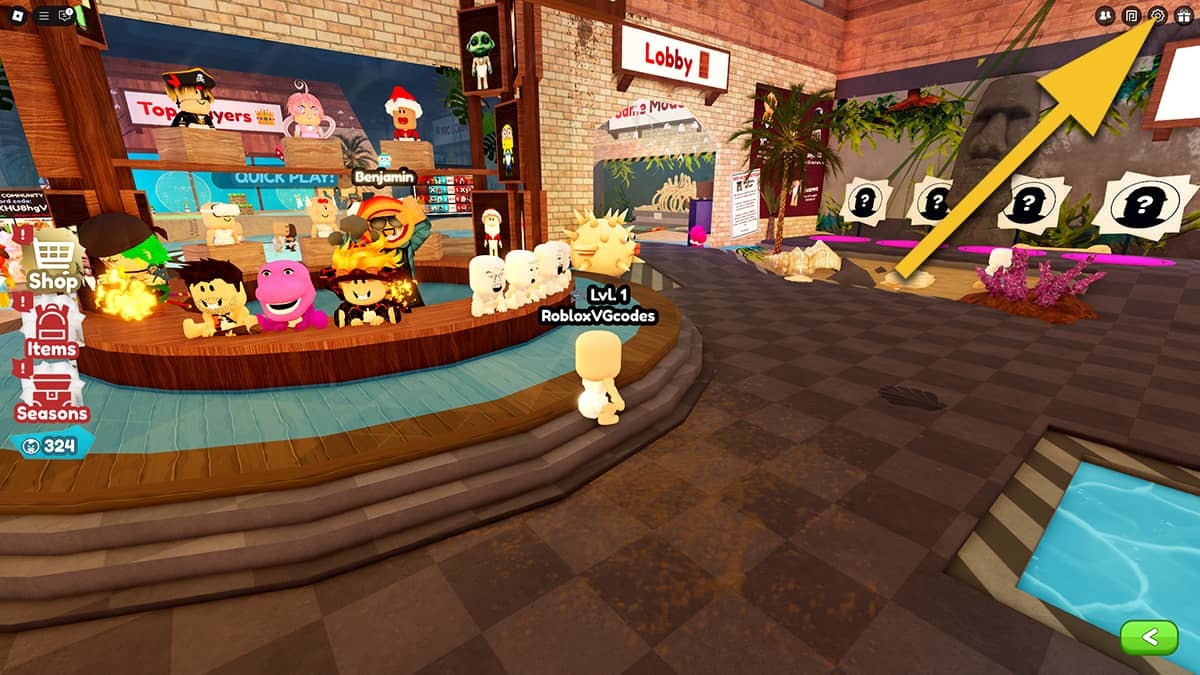 A Bathe da Baby player in the lobby. A yellow arrow points at the Settings icon in the top right corner.