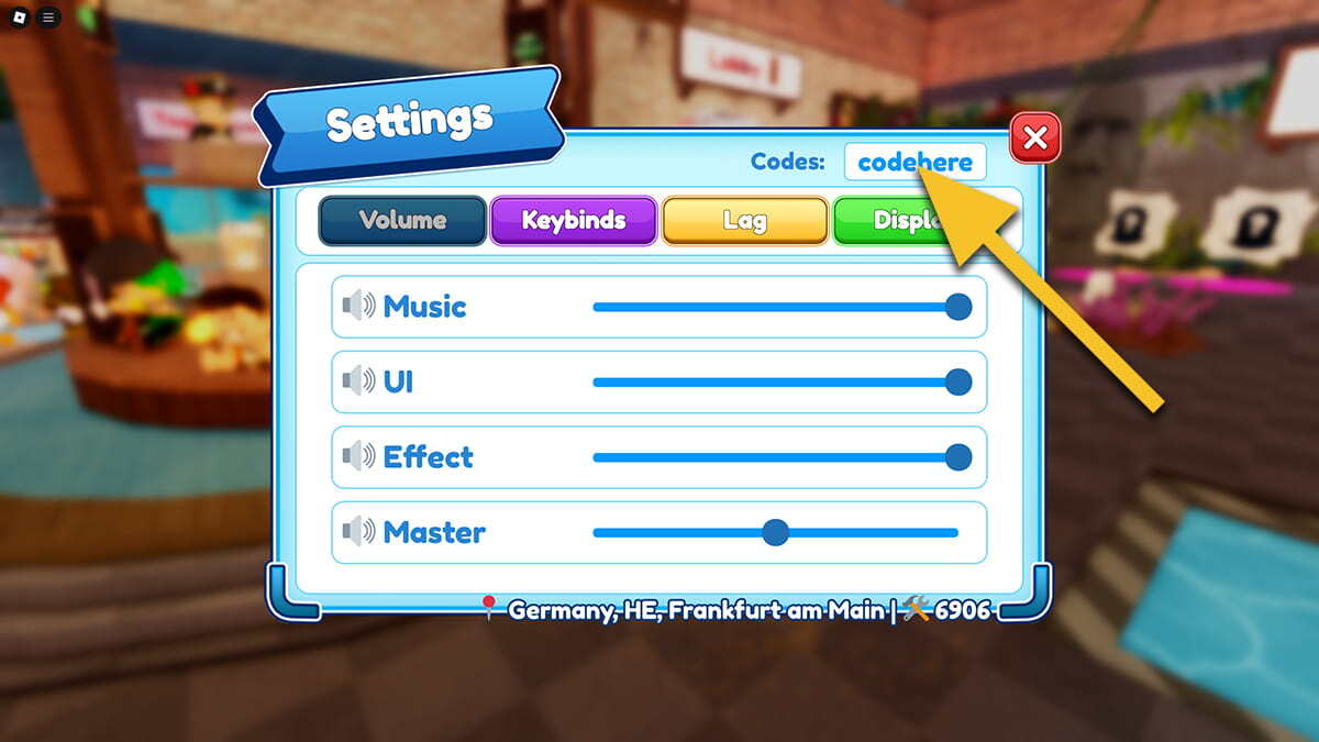 The Settings menu in Bathe da Baby. A yellow arrow points at the codes text box at the top of the menu.