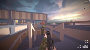 BattleBit Remastered Cheats: An image of a player aiming his weapon at the sky from a roof in one of BattleBit Remastered's maps.