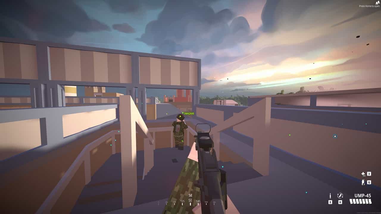 BattleBit Remastered Cheats: An image of a player aiming his weapon at the sky from a roof in one of BattleBit Remastered's maps.