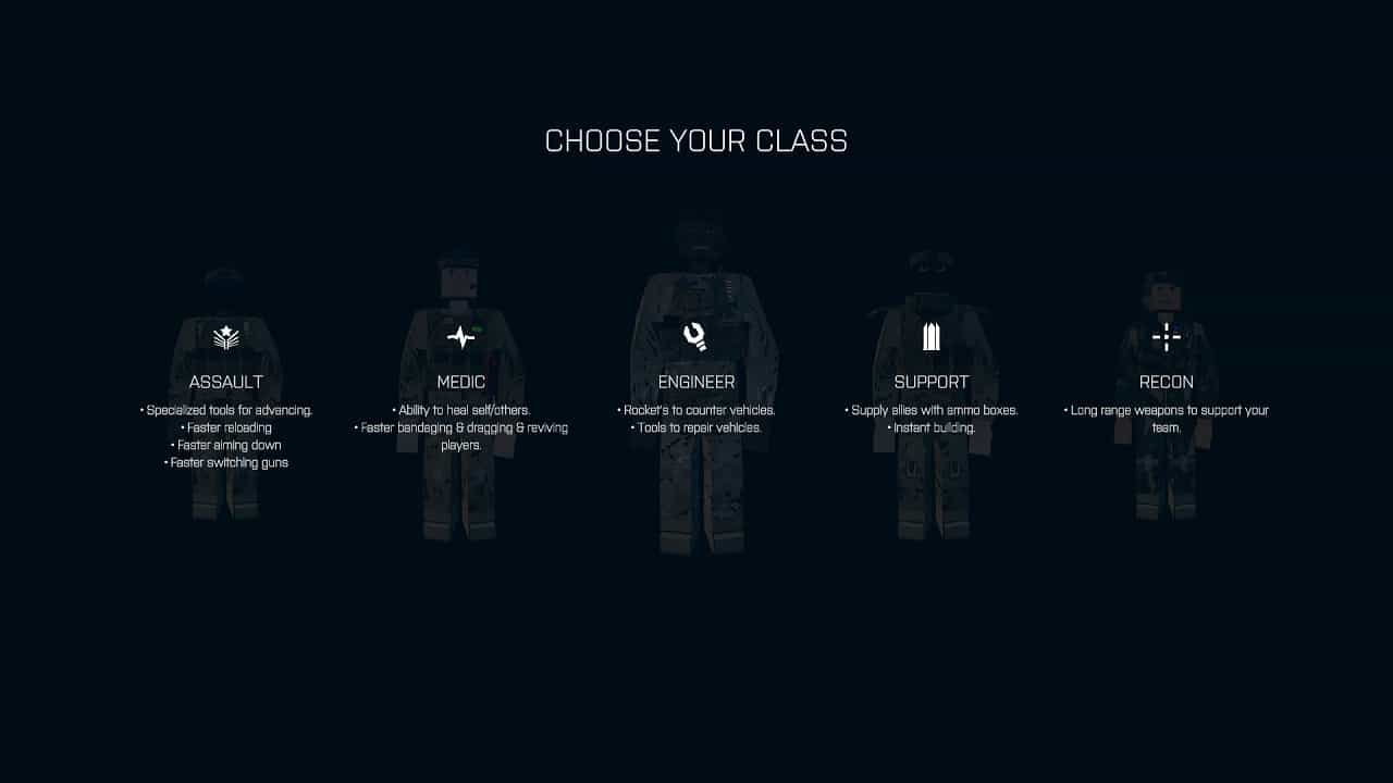 How to heal in BattleBit Remastered: An image of the game's class picker that lets you pick one of the game's five classes.