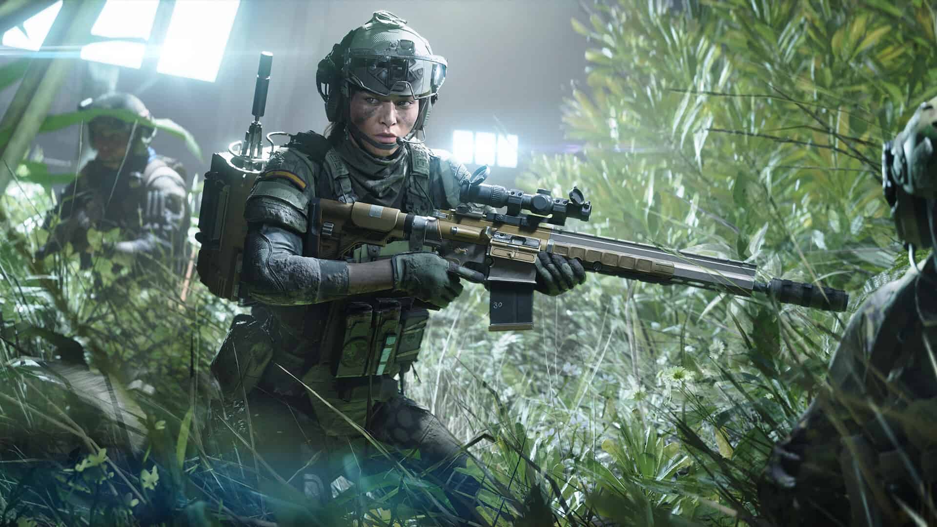 Battlefield 2042 Game Pass - A soldier is holding a rifle in the grass. Image from EA.