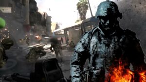 Battlefield Bad Company soldier standing in front of Battlefield Labs gameplay footage