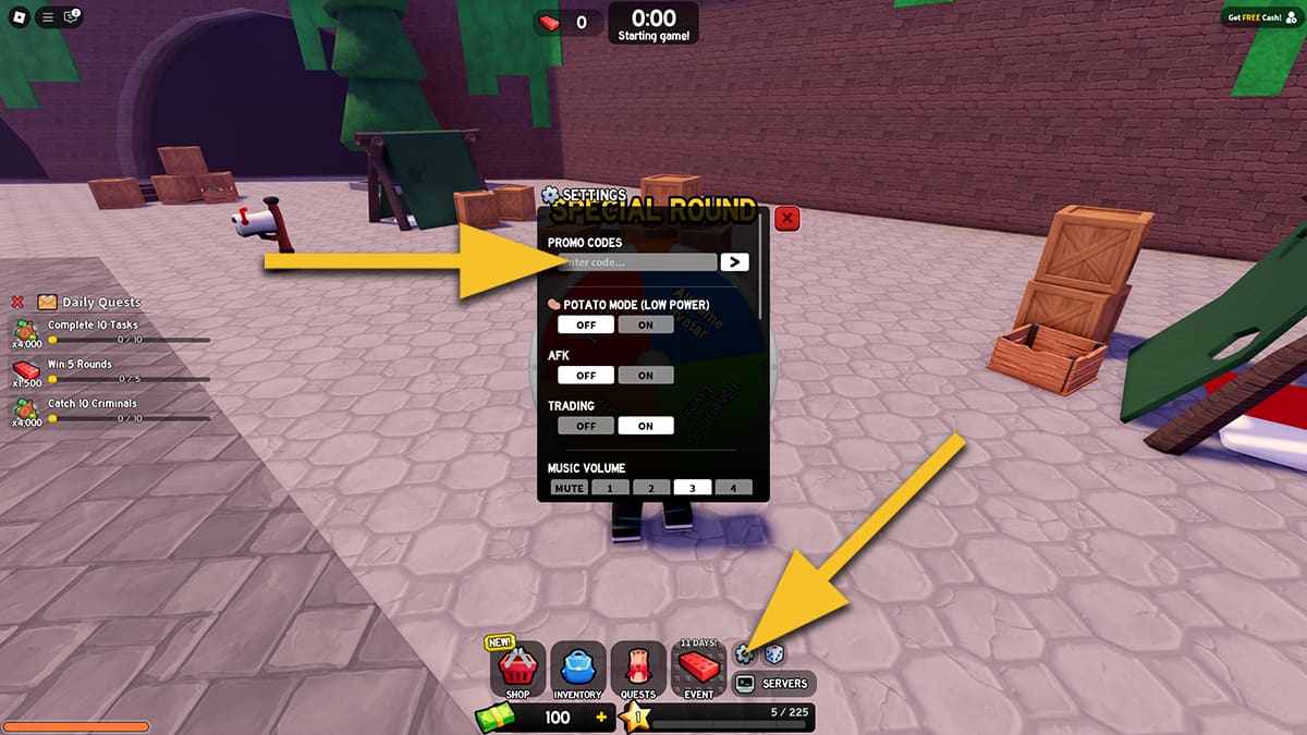 Image of the Settings window in Be NPC or Die on Roblox, with arrows pointing at the Cog icon for Settings, and the code input text box.