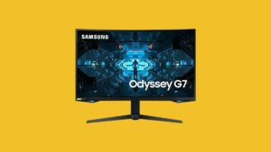 A Samsung Odyssey G7 gaming monitor is shown over a yellow background.