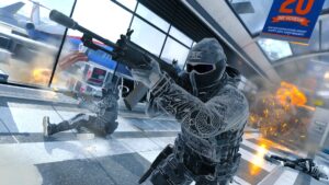 A player rushes towards an opponent with an assault rifle.