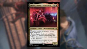 A card featuring the best commanders at Murders at Karlov Manor, with a picture of a woman sitting in a chair.