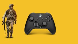 A soldier showcasing the best controller for Modern Warfare 2 in 2023 amid a vibrant yellow background.
