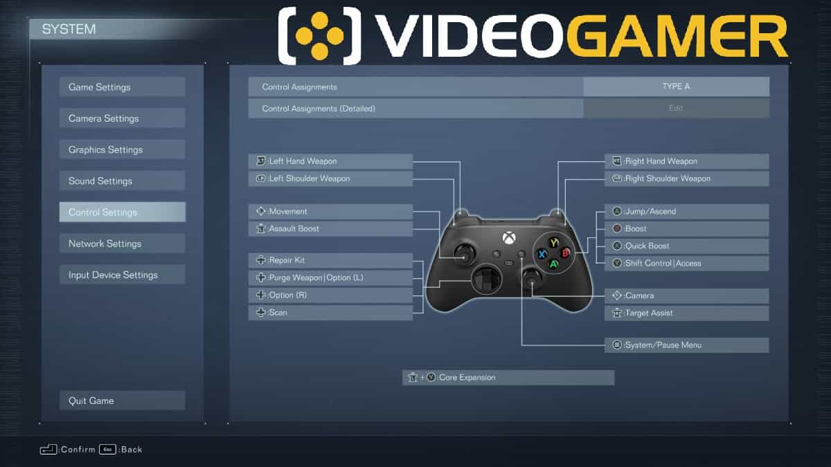 Armored Core 6 controller settings.