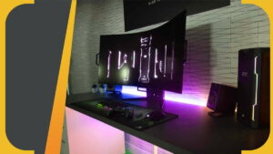 Best curved gaming monitor in 2023 image showing the corsair xeneon flex in a RGB gaming setup