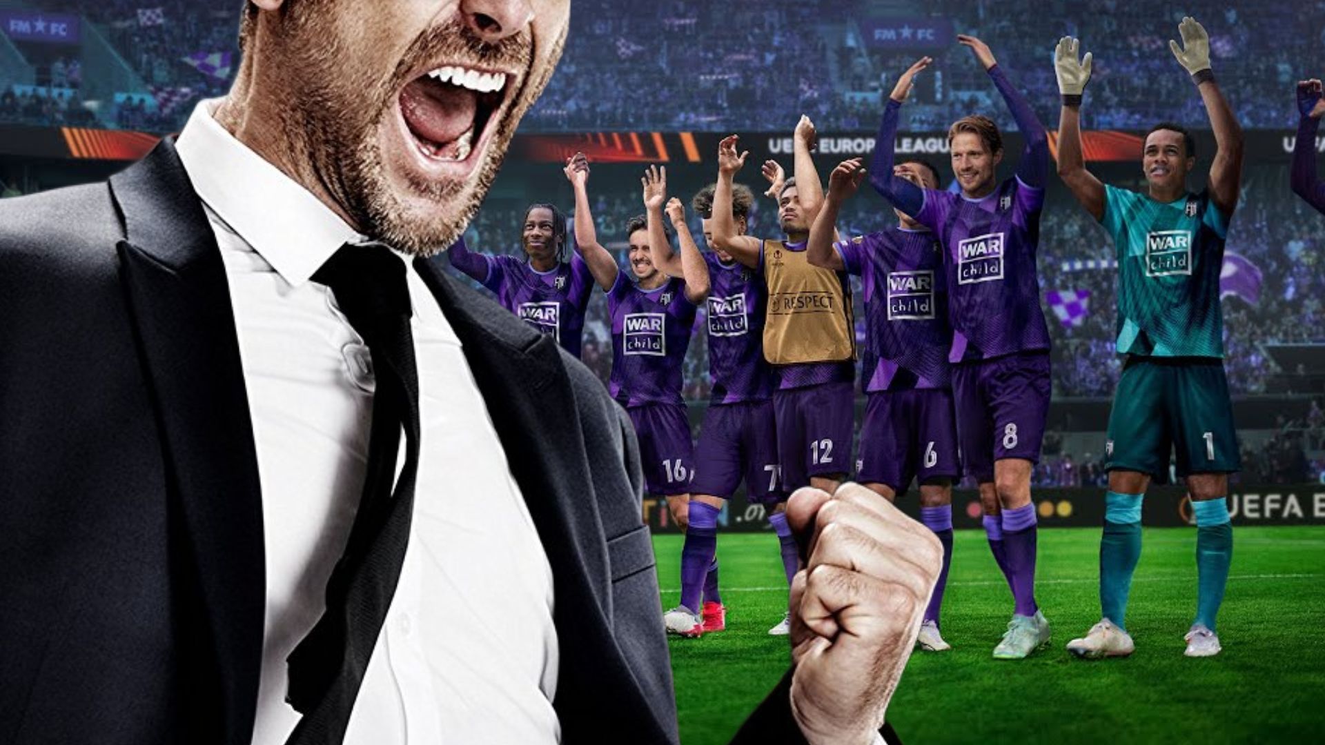 Football Manager cheering in front of players