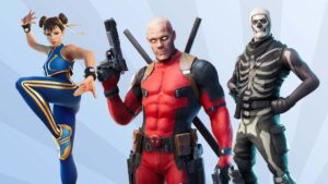 Best skins in Fortnite: The Chun-Li, Deadpool and Skull Trooper Fortnite skins on a background of blue rays.